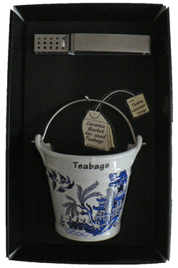 Blue willow design bucket shaped Teabag tidy & tongs in gift tray shrink wrapped