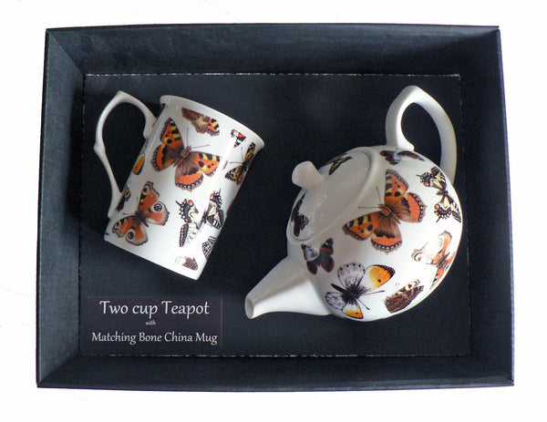 Butterfly Teapot and Bone China Mug in Gift Tray Porcelain teapot