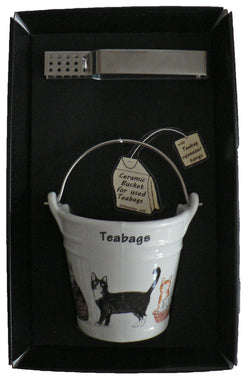 Cats, kittens bucket shaped Teabag tidy & tongs in gift tray shrink wrapped