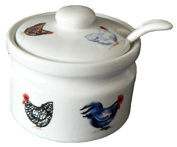 Chicken ceramic preserve pot & spoon Porcelain jam pot