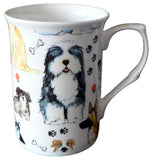 Dogs chintz china mugs,+ egg cups - set of 4 gift boxed mugs & matching eggcups