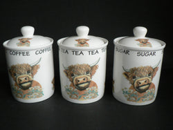 Highland cow china storage containers, tea sugar and coffee set