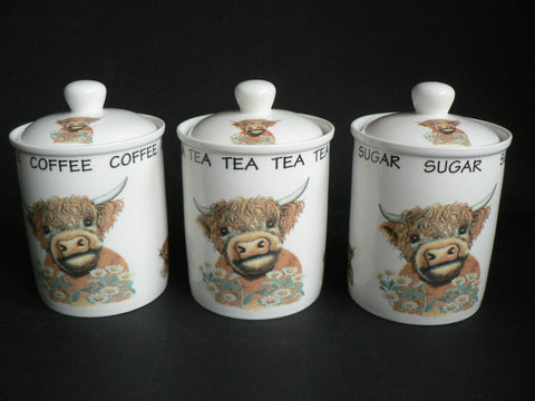 Highland cow china storage containers, tea sugar and coffee set