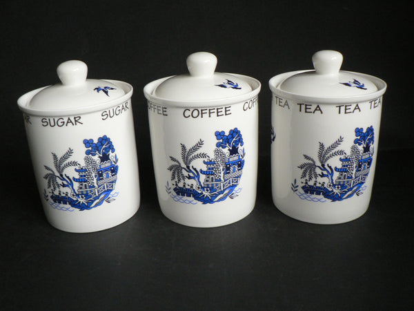 Blue willow pattern, china, Tea sugar and coffee canisters