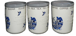 Blue Willow Ceramic Tea Sugar Coffee Storage Jars -Set of 3 canisters with Blue Willow Pattern All Round