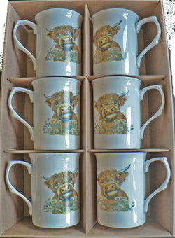 HIghland cow set of 6 bone china mugs gift boxed