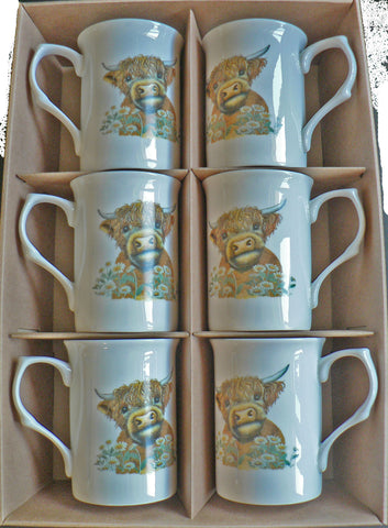 HIghland cow set of 6 bone china mugs gift boxed