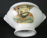 Highland Cow Design Ceramic Soup Bowl with Lion Head Handles, White Footed Serving Bowl