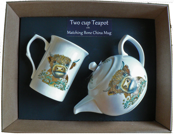 Highland Cow Teapot and Mug Set, Bone China, Gift Boxed, Two Cup Teapot with Matching Mug, Brand: Generic