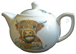Highland Cow 6 Cup or 3 Mug Ceramic Tea Pot with Lid, White with Floral Design