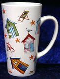 Pair of Beach Huts latte mugs with spoons gift boxed 3/4pt capacity  ceramic