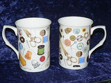 Sewing mug gift set 2 x bone china mugs with needlework print in black gift box