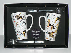 2 x Dogs latte mugs gift boxed with latte spoons - ceramic mugs 3/4pt capacity