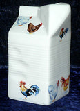 Milk carton shaped jug off white ceramic decorated with  chickens, cockerel hens