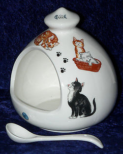 Cat cats salt pig Porcelain salt pig with ceramic spoon decorated with many cats
