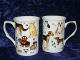 Dogs mug gift set 2x bone china mugs with many diff dogs print in black gift box