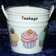 Cupcake large teabag tidy Bucket, used teabag holder decorated with cupcakes