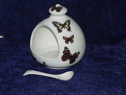 Butterfly Salt pig & ceramic spoon - White porcelain decorated with butterflies