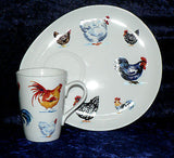 Chicken / cockerel / rooster snack plate & mug set.  TV snack tray