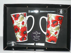 Pair of Poppy large latte mug with spoons gift boxed 3/4pt capacity