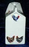 Milk carton shaped jug off white ceramic decorated with  chickens, cockerel hens