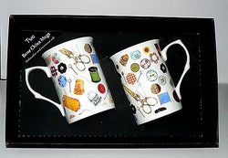 Sewing mug gift set 2 x bone china mugs with needlework print in black gift box