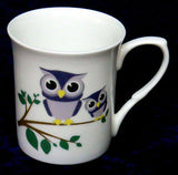 Bone China mug decorated with cute Mum and Baby owls design 2 colours to chose