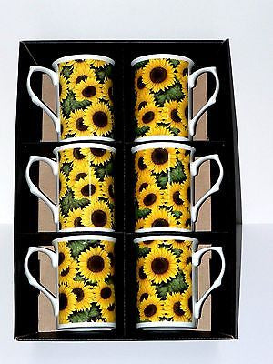 Sunflower chintz design Bone china mugs - set of 6 gift boxed. Bright yellow sun
