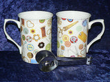 Sewing Mug & teabag squeezer. China mug with stainless teabag tongs - options