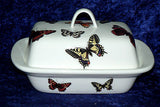 Butterfly deep butter dish. White porcleian deep dish decorated with colourful butterflies