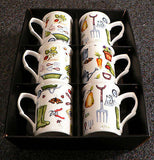 Gardening bone china mugs Set - 6 gift boxed matching mugs with gardening design