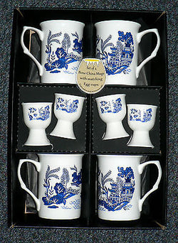 Blue willow pattern china mugs & egg cups -  set of 4 gift boxed mugs & eggcups