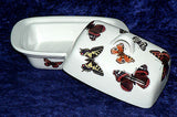 Butterfly deep butter dish. White porcleian deep dish decorated with colourful butterflies