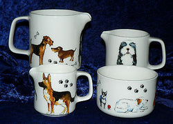 Dog milk jugs, choice 3 sizes jug, or sugar pot bowl 4/7/10oz many breeds shown