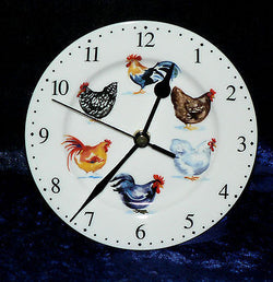Chicken wall clock - Porcelain wall clock with chickens rooster cockerels design