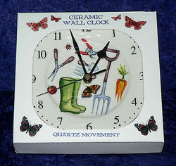Gardening wall clock porcelain wall clock with garden tools wellies, fork shears