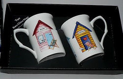 Beach Hut mug gift set - 2 x bone china beach hut mugs