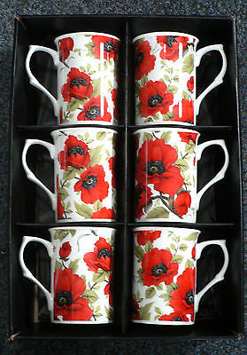 Poppy Bone china mugs - set of 6 gift boxed - Box of 6 each slightly different