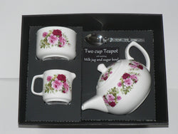 Pink rose 2 cup teapot, Milk & Sugar gift boxed.