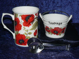 Poppy mug, teabag tidy bucket used teabag holder and teabag squeezer tongs gift boxed