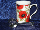 Poppy Mug & teabag squeezer.Bone china mug with stainless teabag tongs - options