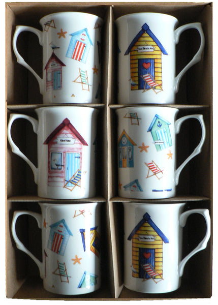 Beach Hut Bone china mugs - set of 6 gift boxed mugs