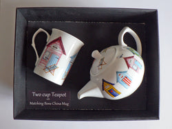 Beach hut 2 cup teapot,with matching bone china mug - gift boxed