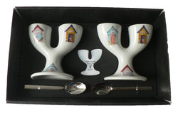 Beach hut double egg cups - 2 ceramic egg cups with spoons gift boxed