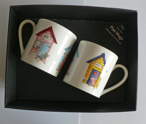 Beach Huts china Pint mugs Set of 2 gift boxed 2 full pint sized mugs gift boxed