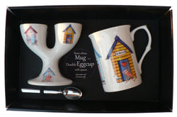 Beach hut Double eggcup with Egg Spoon and Bone China Mug Gift Boxed