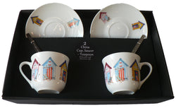 Beach hut pattern set of 2 cups and saucers gift boxed with teaspoons
