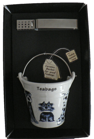 Blue dogs bucket shaped teabag tidy used teabag holder & tongs in gift tray shrink wrapped