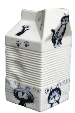 Milk carton shaped jug off white ceramic decorated with fun cats