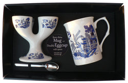 Blue willow pattern Double eggcup with Egg Spoon and Bone China Mug Gift Boxed